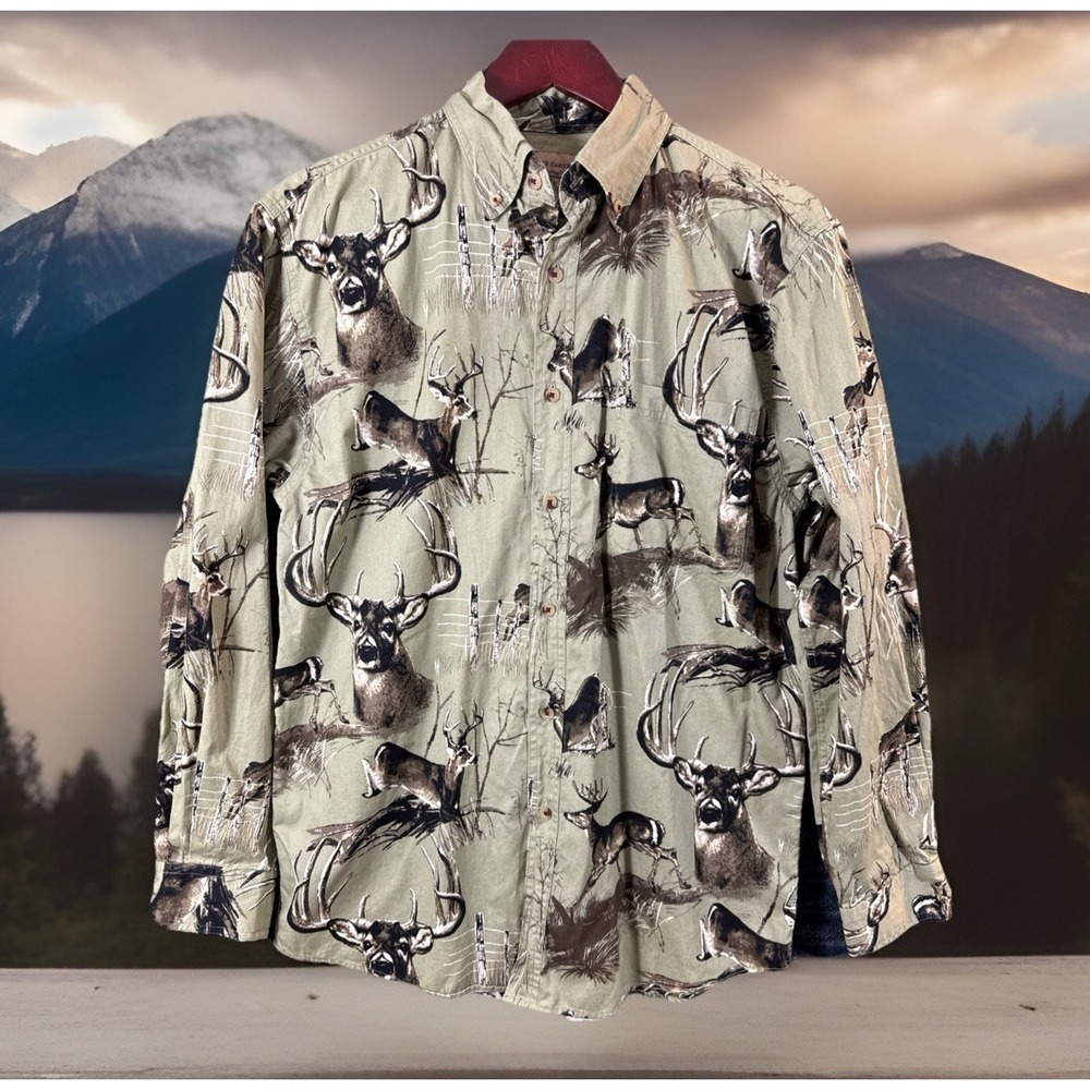 Rugged Earth Outfitters Long Sleeve Button Down Shirt Green Mens Sz M Deer Print